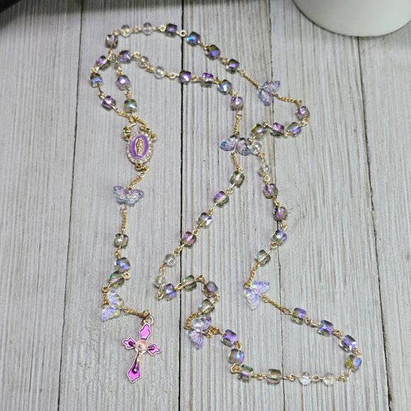Handcrafted Whimsical Iridescent Butterfly Purple and Gold Rosary Christmas Gift - Picture 7 of 11